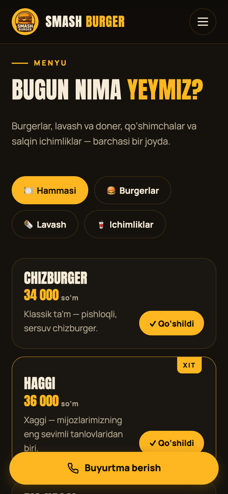 Smash Burger menyusi va savat telefonda